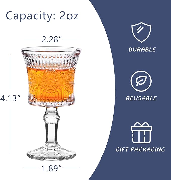 Jaepsing Shot Glasses, 2oz Etching Patterns Glasses Set of 6, Fancy Shot Glasses/Great for White and Red Wine/Tasting Glasses/Cute/Mini Wine Glass Clear