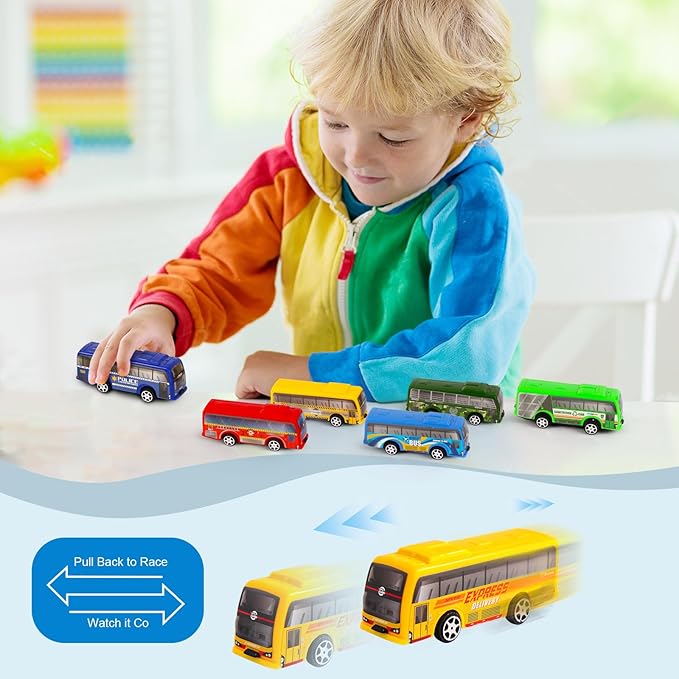 16 Pcs Pull Back City Bus Vehicles Toys Set, Mini Pull Back Cars for Kids Toddlers, Friction Powered Racing Vehicles Bulk Toys, Party Favors Goodie Bags Stuffers Pinata Fillers for Boys Girls