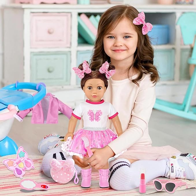 American 18 Inch Dolls Clothes Pretend Makeup Accessories Gift Playset for Girls,Cosmetic Bag Toys Fits for 18" Dolls Include Skirt Outfit Shoes Sunglasses Makeup Stuffs Doll NOT Include