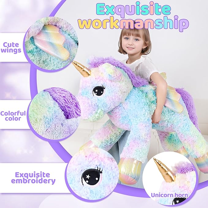 44 Inch Giant Rose Rainbow Unicorn Stuffed Animal Plush Toy with Wings Soft Cute Large Unicorn Plushies Animals Body Pillow Gift for Children Boy Girl Kids Birthday Valentine Room Decorations