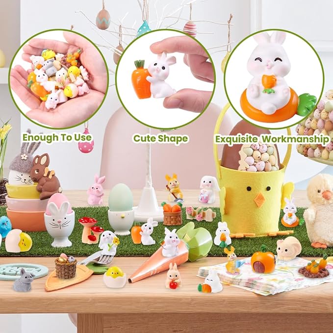 42 Pcs Easter Mini Resin Figurines, Miniature Sculptures Small Farm Bunny Chick Fairy Garden Decor for Dollhouse Easter Egg Fillers Party Favors Supplies DlY Landscape Terrarium