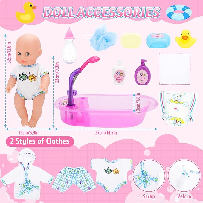 deAO Baby Doll Set,13 Inch Bath Time Baby Doll Playset with Working Shower Spray and Accessories for Kids,Baby Doll and Accessories with Bath Set, Great Pretend Play Toys for Girls