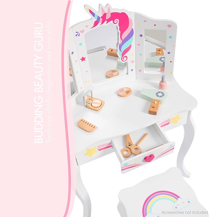 Spirich Kids Vanity, Girls Vanity Set with Mirror and Stool and Lights, Kids Vanity Table and Chair Set, Wooden Princess Makeup Desk Dressing Table
