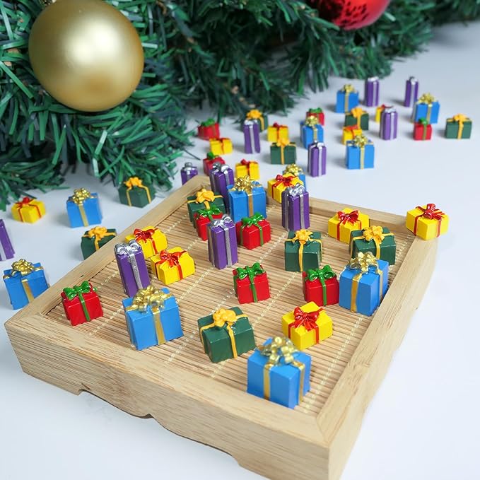 Christmas Miniature Gift Boxes Ornaments,60 Pcs Christmas Tree Mini Resin Presents Charms for Craft Dollhouse and Xmax Mini Decorations