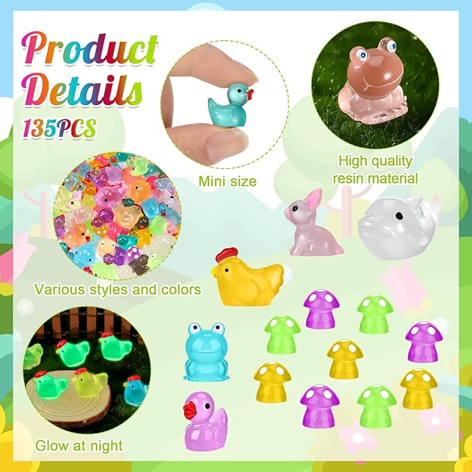 135 PCS Luminous Mini Resin Ducks Tiny Glow in The Dark Duck/ Chickens/ Rabbit/ Frogs /Dolphin /Mushroom/ 6 Combination Sets Resin Miniature Animals for Micro Landscape Dollhouse Garden Decoration