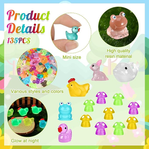 135 PCS Luminous Mini Resin Ducks Tiny Glow in The Dark Duck/ Chickens/ Rabbit/ Frogs /Dolphin /Mushroom/ 6 Combination Sets Resin Miniature Animals for Micro Landscape Dollhouse Garden Decoration