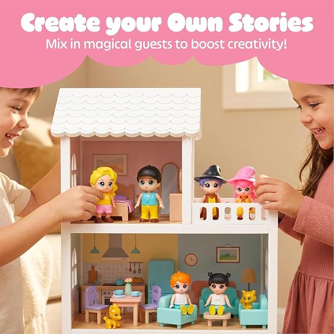 Toy Family People Figures Playset – Dollhouse Figurine Set with Wizard Guests for Imaginative Doll House Play - Features Parents, Kids, Pets & Two Wizards | Pretend Play Storytelling Toy for Kids