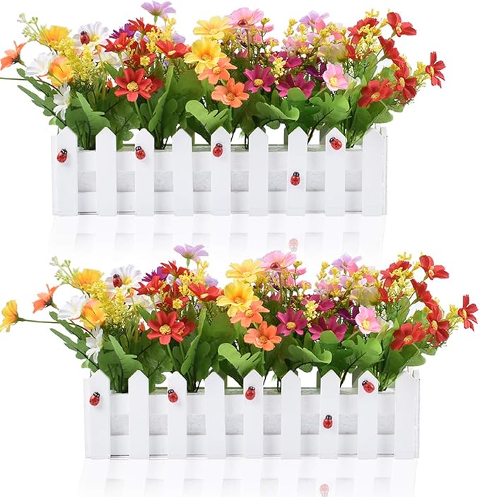 XONOR Artificial Flower Plants - Mixed Color Daisies in Picket Fence Pot for Indoor Office Wedding Home Decor, 2 Sets
