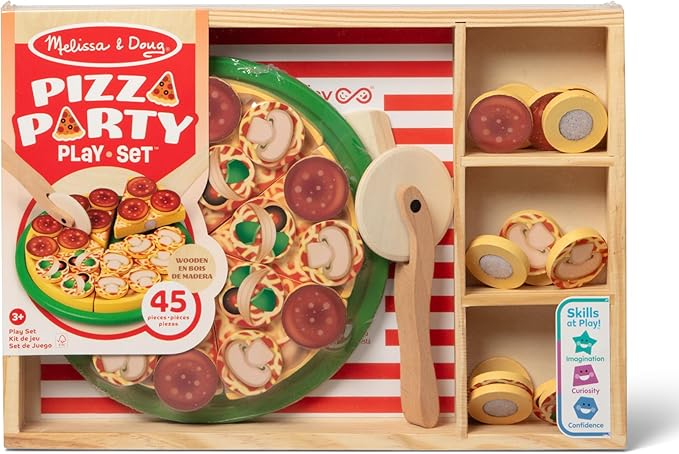 Melissa & Doug Wooden Pizza Party Play Set, 36 Self-Stick Toppings, Pizza Toy Kitchen Set & Play Kitchen Accessories, Preschool Toys for Boys & Girls 3+