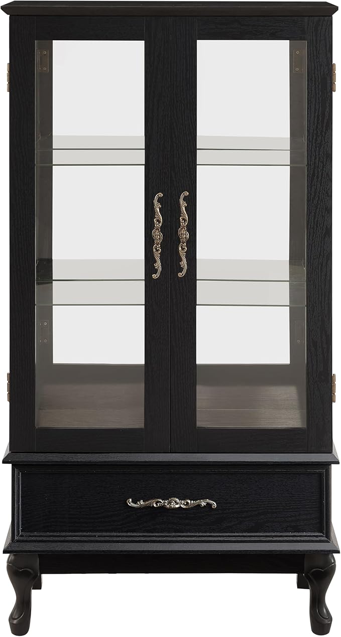 51" H Lighted Glass Curio Display Cabinet with 2 Doors & 1 Drawer, Wooden Glass Curio Showcase w/Adjustable Shelves & Mirrored Back Panel, Storage Cabinet Display Case for Living Room (Black)
