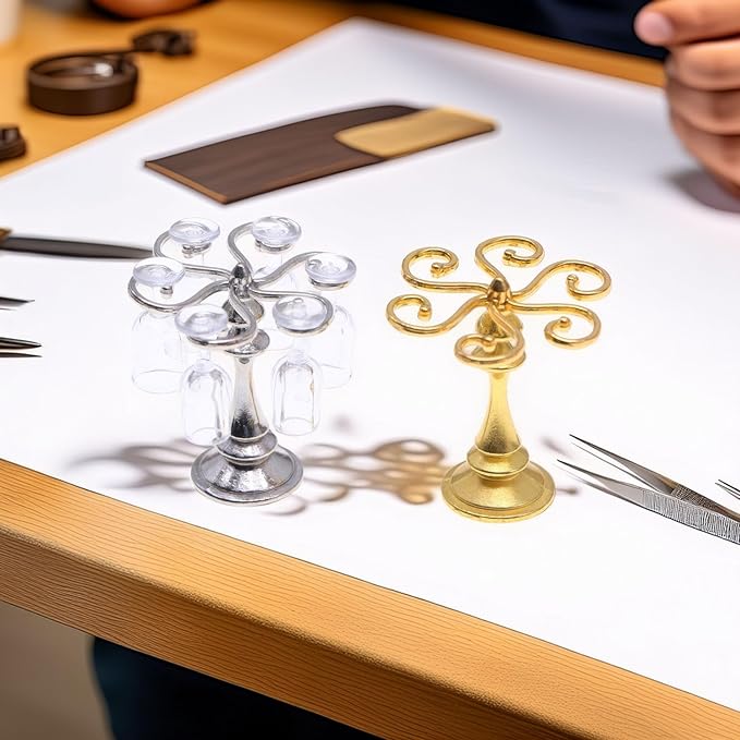 1:12 Scale Miniature Wine Glass Set with Metal Rack (Gold/Silver), 6 Clear Goblets, Elegant Dollhouse Dining Room & Bar Accessory for Collectors (Gold)