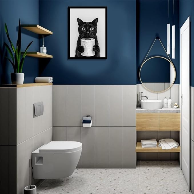 VPUQWGKE Bathroom Black Cat Wall Art Cute Black Cat Holding Toilet Paper Picture Wall Decor Funny Animal Painting Artwork Black and White Print for Bathroom Toilet Home Decoration 12x16in Black Frame