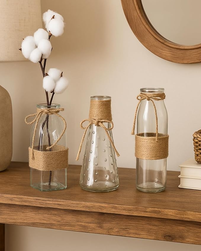 10Pcs Small Glass Vases Set - Clear Mini Bud Vases with Twine Ropes, Vintage Farmhouse Style for Flower Arrangements, Centerpieces, Wedding, Home and Table Decor