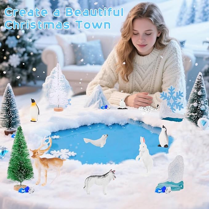 56 Pcs Arctic Animals Figurines Set Includes 14 Polar Animals Figurines 10 Pine Trees 4 Artificial Lceberg Fake Snow 3 Packs Fake Ice Rocks Fake Snow Blanket 2 Blue Tissue Paper Arctic Diorama Kit
