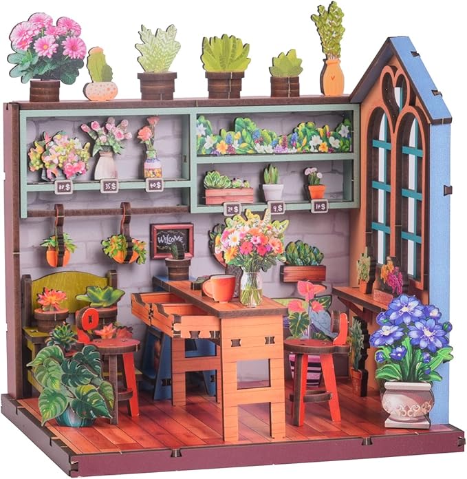 Book Nook Kit - DIY Miniature House Kit for Adults, Teens, and Kids, 3D Wooden Puzzles with LED Light, Dollhouse Craft Kit for Family and Friends, Great Gift Idea (Flower Shop Corner)