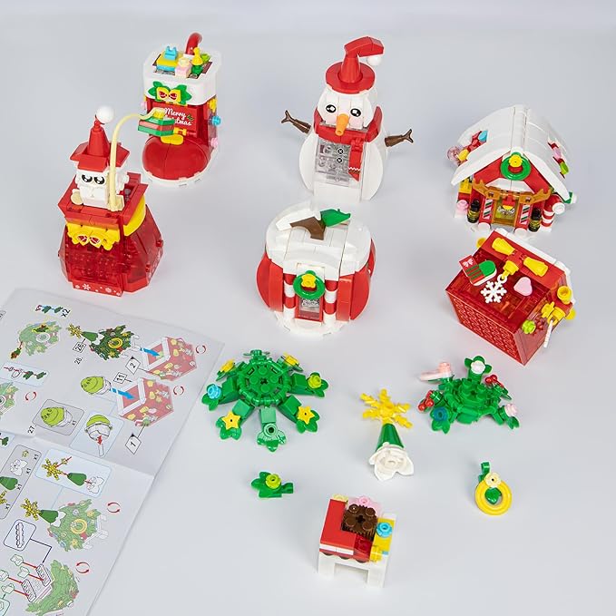 Christmas Building Blocks Set with Lights & Music - 6 Pack Christmas Ornaments - Santa Gift Bag, Snowman, Xmas Tree, Stockings, Apple House & Winter Cottage Building Blocks Gift Idea