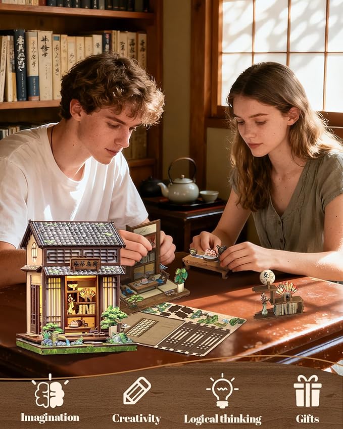 Cutefun Book Nook Kit - DIY Miniature House Kit for Adults, Teens and Beginners, Japanese Tea Room Booknook Tiny House Bookshelf Decor 3D Wooden Puzzles, Gifts for Friends and Family (Tea House)