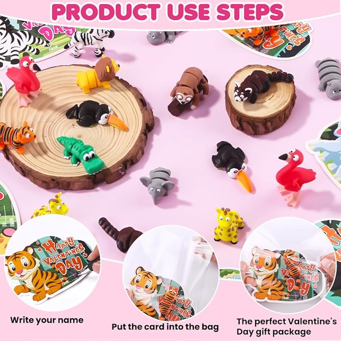 24Pcs Valentines Mini 3D Printed Forest Animals for Kids 12 Styles 3D Printed Figurines with Cards for Party Favors Valentines Fidget Toys for Classroom Prize Rewards Gifts Exchange