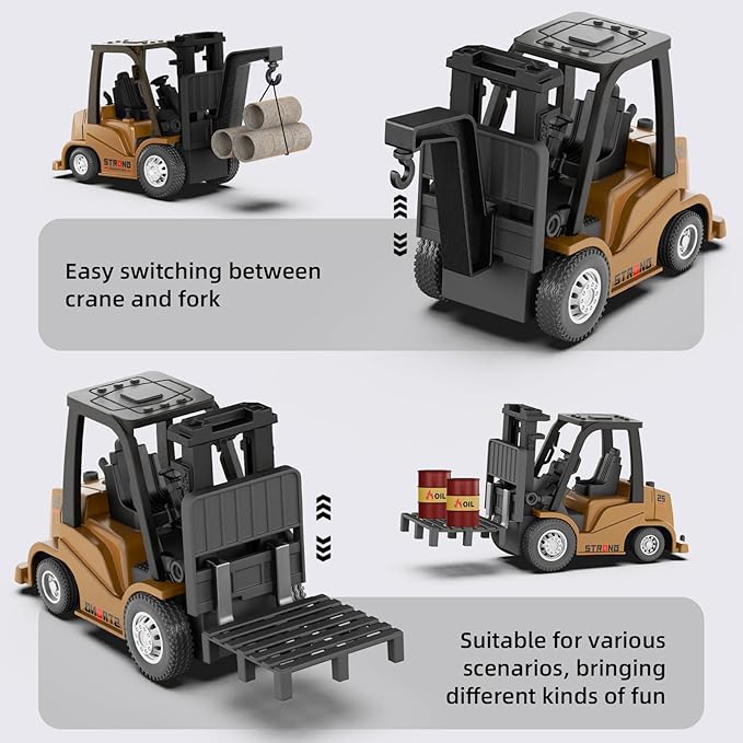 Mini RC Forklift, 1/64 Forklift Truck Toys Rechargeable, App & Remote Control, 2 in 1 Transformable Lift Fork & Hook, Mini RC Construction Vehicles Birthday Gifts for Adults Kids Age 6+