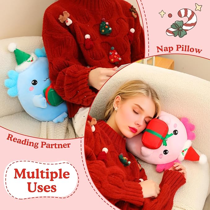 Christmas Axolotl Plush, Cute Axolotl Holding Gift Stuffed Animals Christmas Day Decor Party Favors for Girls and Boys(Pink)