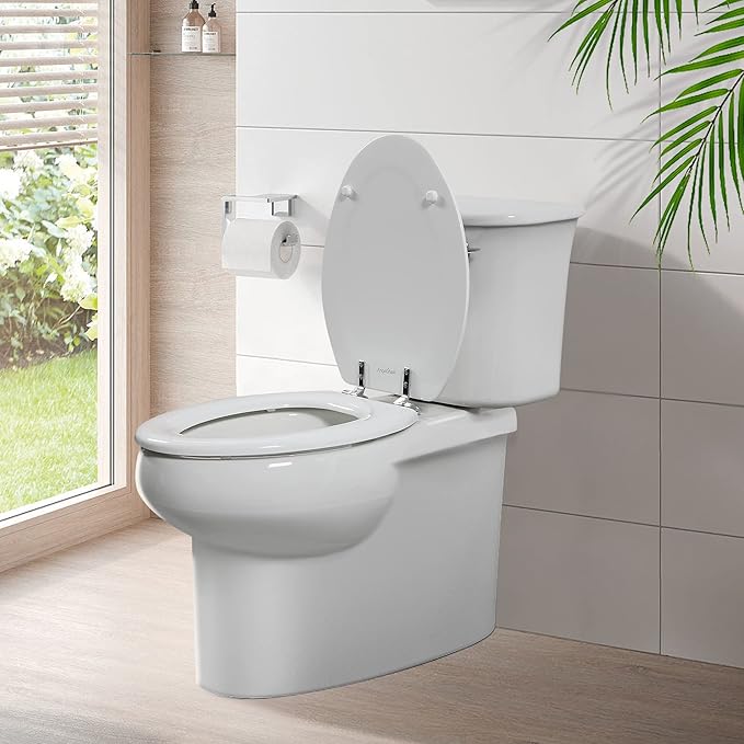 Elongated White Toilet Seat Natural Wood Toilet Seat with Zinc Alloy Hinges, Easy to Install also Easy to Clean, Scratch Resistant by Angol Shiold (Elongated, White)