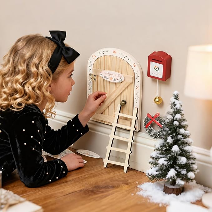 Mamimami Home Festival Wooden Little Magical Fairy Door, Elf Miniature Tiny Door with Ladder and Wreath, Tooth Fairy Door Handmade Christmas Decorations