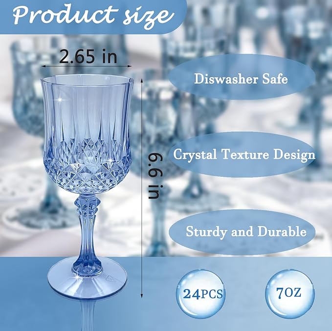 LEYIQU Plastic Wine Glasses, Plastic Goblets Vintage Style Cordial Drinking Glasses for Valentine’s Day, Wedding Reception, Grand Event Party Supplies (24, Blue)