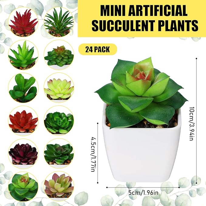 Yunlly 24 Pack Succulents Plants Artificial Mini Fake Succulents in Pots Small Potted Faux Succulent Plants Fake Plants in White Pots for Indoor Home Office Desk Window Bathroom Bedroom Decoration