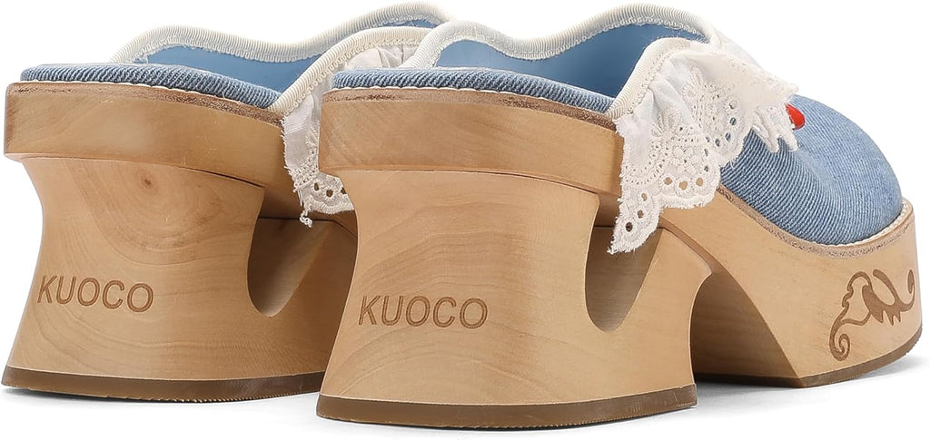 kuoco Handmade Swedish Wood Mules for Women Platform Low Heel Wooden Clogs Mules Open Back Faux Leather Clogs