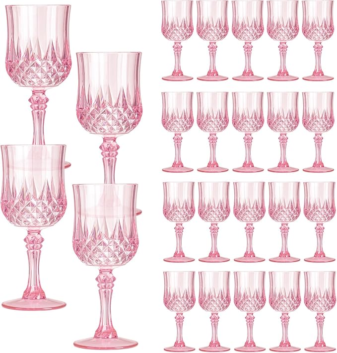 XKXKKE 24 Pcs Pink Plastic Wine Glasses, Plastic Water Goblets for Parties, Stemmed Drinking Glasses for Wedding Reception, Grand Event Party Bar Supplies Reusable Drinking Cups