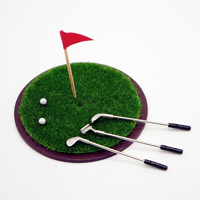 Gxsterd Dollhouse Miniature Golf Set with 3 Golf Clubs, 2 Golfs Balls, Flag and Grass for 1:6 or 1:12 Dollhouse Decorations