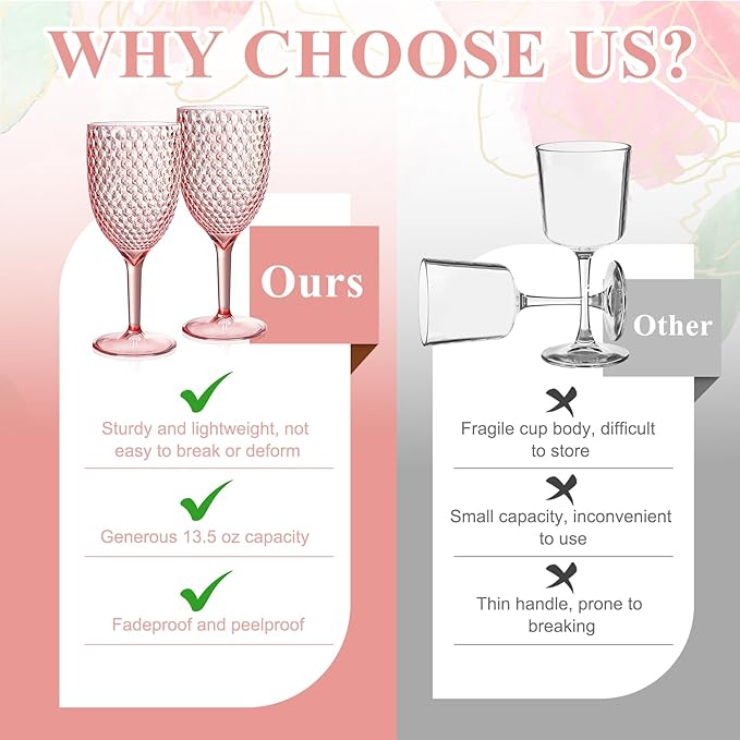 24Pcs Pink Plastic Wine Glasses 13.5oz Reusable Acrylic Wedding Goblets Toasting Glassware Unbreakable Wine Cups with Long Stem Crystal Drinking Glasses Champagne Flutes for Bar Restaurants Party