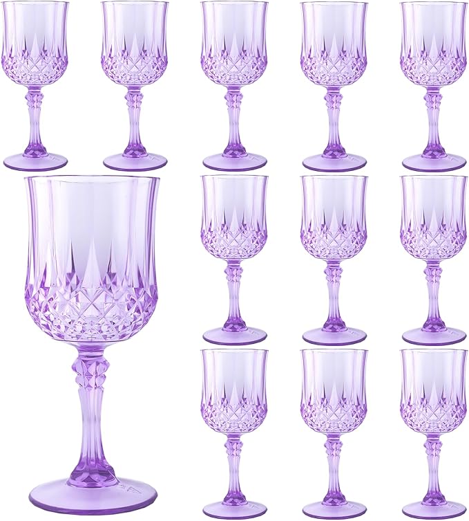 LEYIQU Plastic Wine Glasses, Plastic Goblets Vintage Style Cordial Drinking Glasses for Valentine’s Day, Wedding Reception, Grand Event Party Supplies (12, Purple)