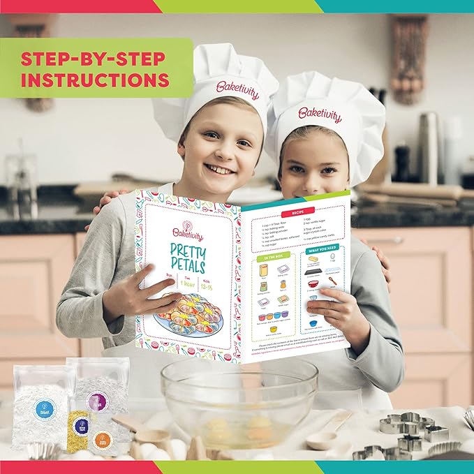 Baketivity Kids Baking Set, Meal Cooking Party Supply Kit for Teens, Real Fun Little Junior Chef Essential Kitchen Lessons, Includes Pre-Measured Ingredients (Kit +Hat & Apron, Pretty Petals)