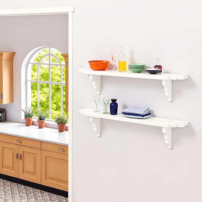 2Pcs White Dollhouse Wall Shelf, 1:12 Scale Miniature Storage Shelf for Kitchen Scene Decor Accessories