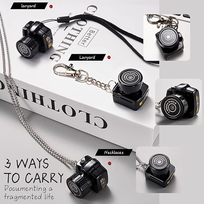 Luxxii Mini Blind Camera for Kids & Adults, Y2K Aesthetic Gadget Wearable Video Recorder with 8GB Memory Card, 3-in-1 Carry Options (Lanyard, Keychain, Chain), Unique Toy Gift - Black