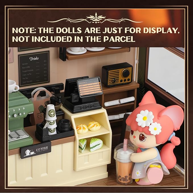 Coffee Shop Tiny House with LED Light Make It Miniature, DIY Miniature House Kit for Adults, Teens, and Beginners, Mini Dollhouse Kit with Home Decor Furniture, Gift for Friends and Hobbies