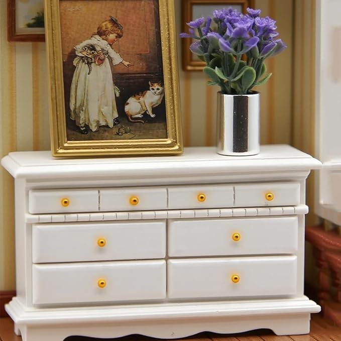 3Pcs 1:12 Dollhouse Side Cabinet Furniture Set, Wooden Miniature Wall Chest Cabinet with Drawers, Art Painting & Potted Plant, Cupboard Doll Accessories for Living Room,Kitchen Bedroom