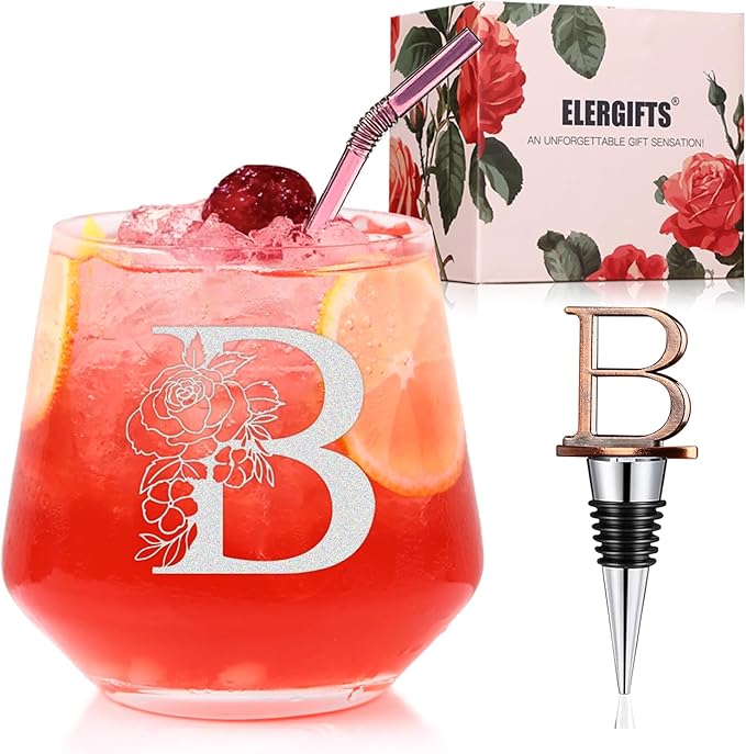 Personalized Gifts for Women, Monogrammed A-Z Wine Glass Customized Gift, Unique Christmas Birthday Gifts for Women Her Mom Friend Sister Wife Daughter Nurse - Dishwasher Safe (B