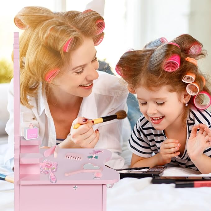 BRINJOY Wooden Vanity Set for Kids, Toddler Tabletop Beauty Salon Play Set w/Accessories & Drawer, Princess Makeup Pretend Play Vanity Table Toy with Crown Shaped Mirror for Little Girls Age 3-8