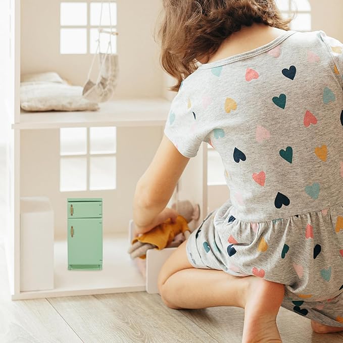 Otbushit Wooden Dollhouse Furniture 1/12 Scale Toy Refrigerator, Green Simple Retro Style Kitchen Miniature Delicate Fridge Model Accessory Pretend Play