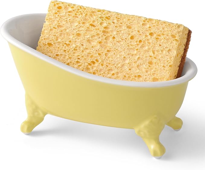 NEWHENGS 6.1" Vintage Ceramic Mini Decorative Clawfoot Bathtub Bar Soap Dish, Kitchen Sponge Holder and Shower Tray for Bathroom, 1 Pack (Yellow)