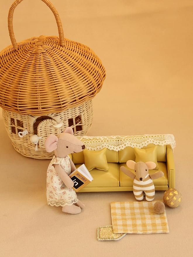 Miniature Dollhouse Leather Couch -1:12 Scale Mini Sofa Furniture Set with Cushions Fit 1/12 Scale Accessories for Doll House Décor and 3 to 6 inches Doll Figure (Yellow)