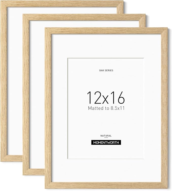 Momentworth 12x16 Frame with Mat for 8.5x11 set of 3, Solid Oak Wood 12x16 Picture Frame for Wall Mount - Wall Decor for Home, Office & Galley(3 Pack,Oak)