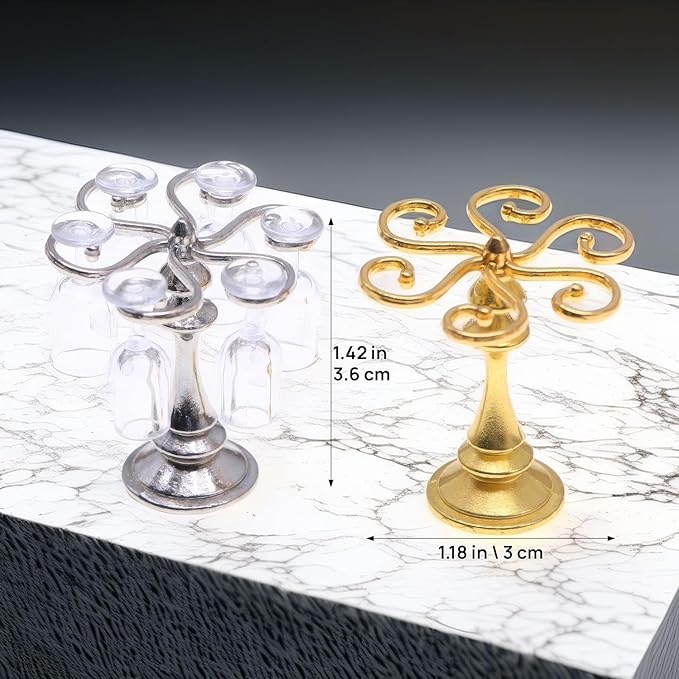 1:12 Scale Miniature Wine Glass Set with Metal Rack (Gold/Silver), 6 Clear Goblets, Elegant Dollhouse Dining Room & Bar Accessory for Collectors (Gold)