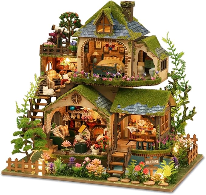 Yuzhen DIY Miniature Dollhouse with Furniture and LED Lights, Wooden Dollhouse Includes Dustcover and Music Movement