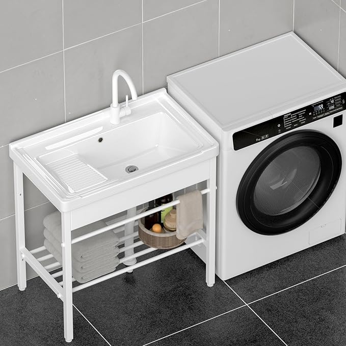 GGW Freestanding Laundry Sink, Ceramic Utility Sink with Washboard and Faucet, Laundry Tub for Laundry Room, Garage, Basement, Outdoor and Indoor, 28.3"W x 19"D x 32.3"H, White