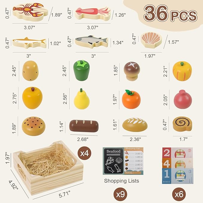 Food Groups, 36PCS Wooden Play Food Sets Play Kitchen Accessories, Grocery Store Pretend Play Realistic Toy Foods & 4 Crates & 6 Play Money & 9 Shopping Lists Pretend Food for Toddlers 1-3