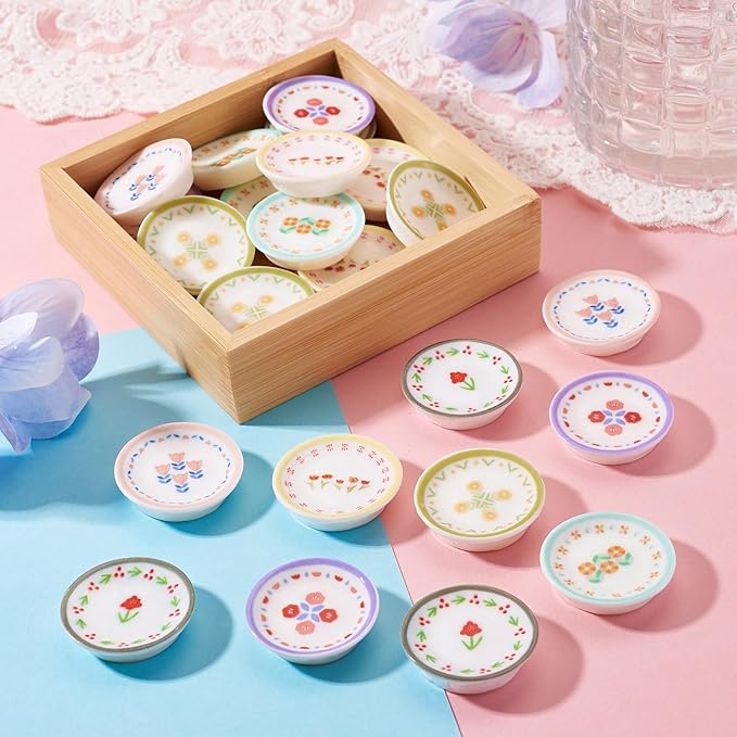 24Pcs Miniature Flower Plate Dollhouse Accessories Resin Mini Tableware Imitation Ceramic Bowl Tiny Dishes Ornaments Micro Landscape Decorations Garden Home Party Decorations Crafts Supplies