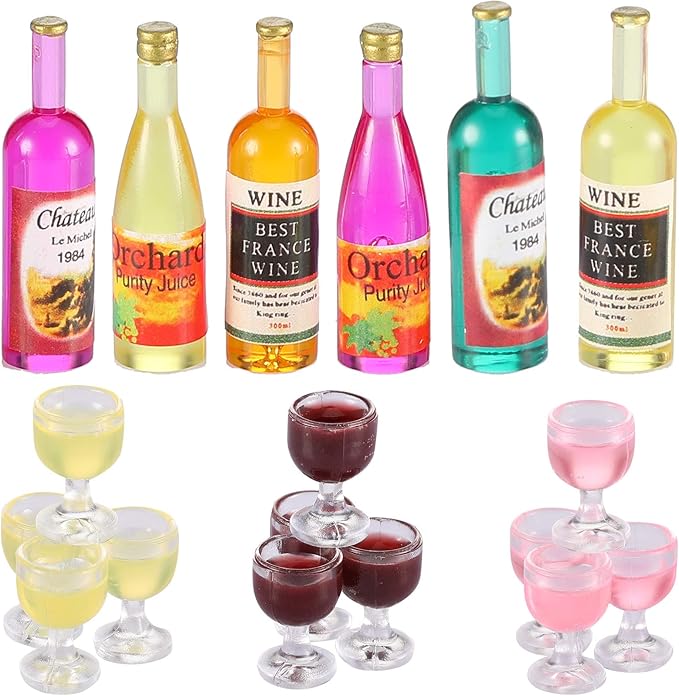 Sumind 18 Pieces Dollhouse Wine Bottles Champagne Cups for Doll Miniature Glasses Goblet Cups Mini Miniature Drink Bottles Kitchen Accessories for Dollhouse Decors(Red Wine Style)